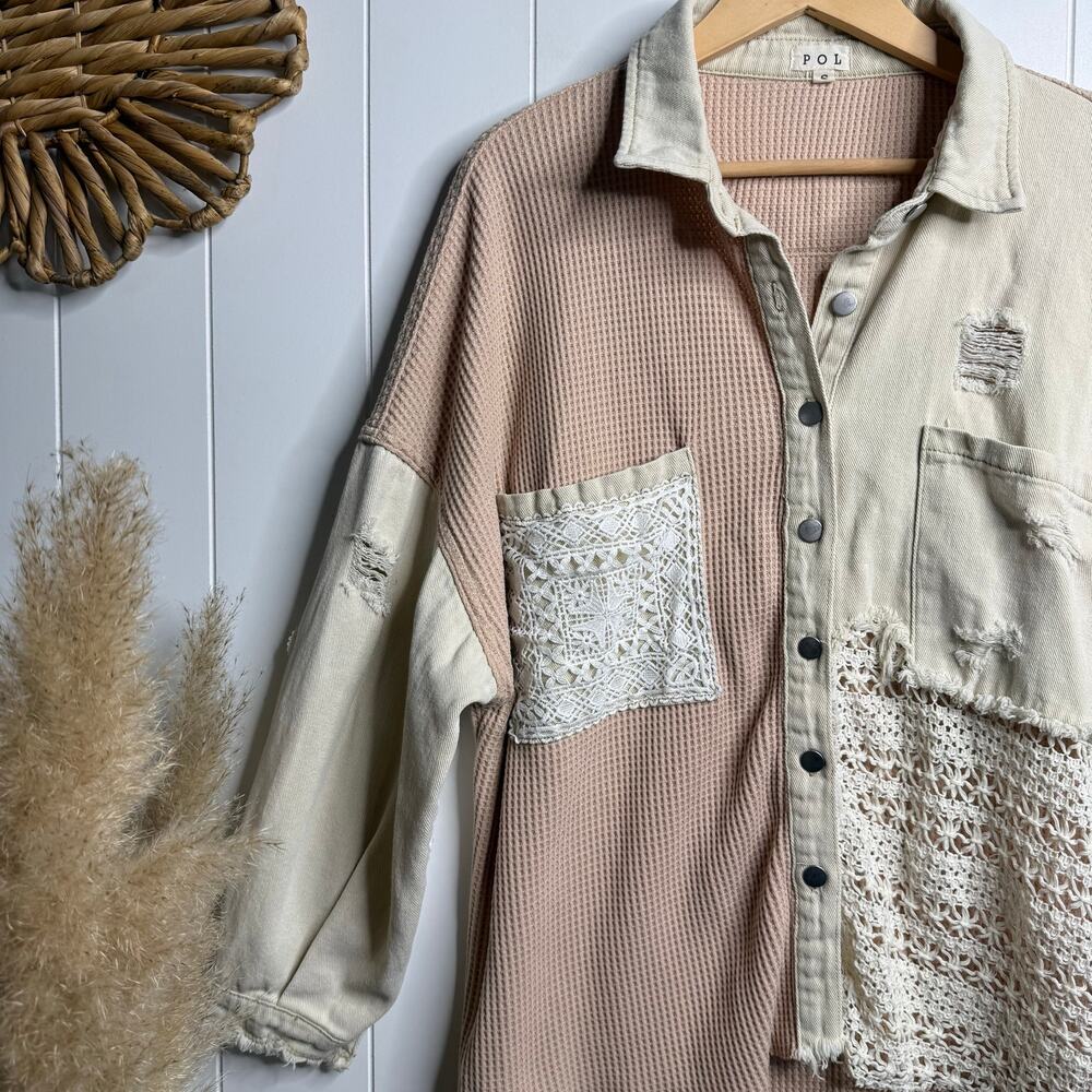 POL patchwork shacket crochet distressed button d… - image 3